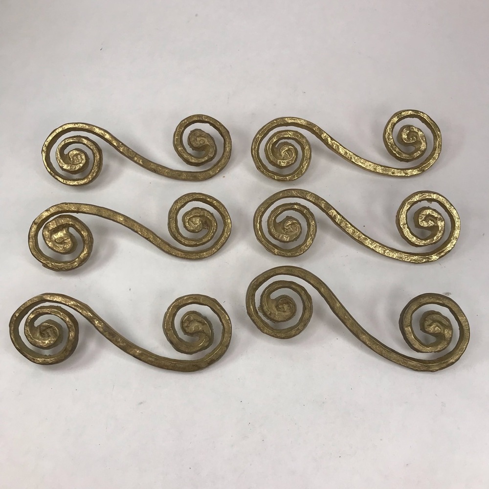 Brass Spiral Scroll Cabinet Knobs Pulls Handles Hardware Brutalist Set of 6